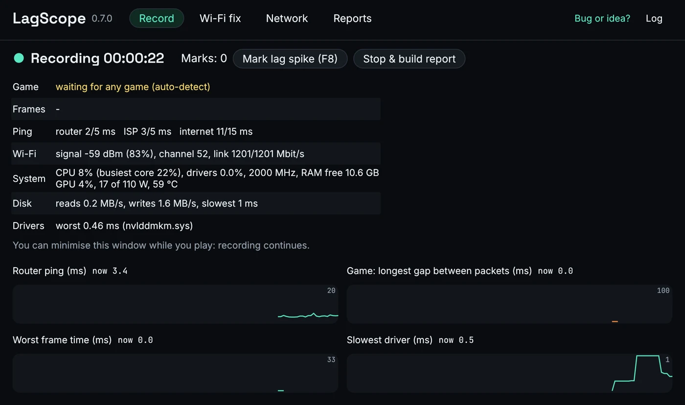 LagScope while recording: router, provider and internet ping, Wi-Fi signal and channel, CPU, GPU, disk and drivers, with live charts.